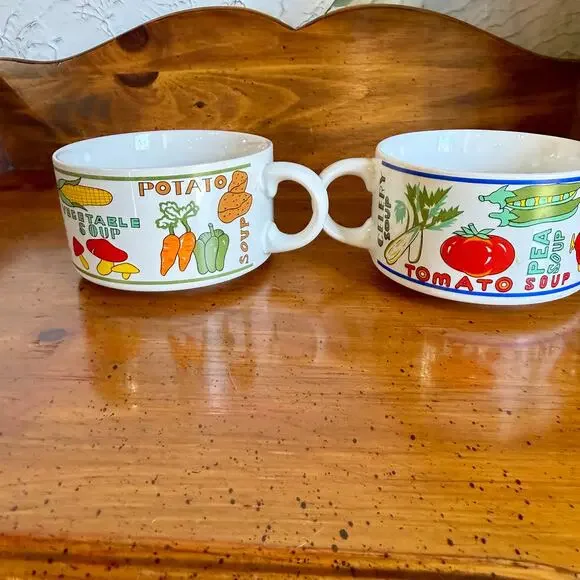 Vintage Soup Mug Set Vegetable Tomato Pea Potato Farmhouse Kitchen Retro Bowl - Picture 2 of 4